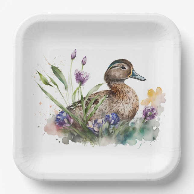 Watercolor Duck In Flowers Paper Plate (Front)