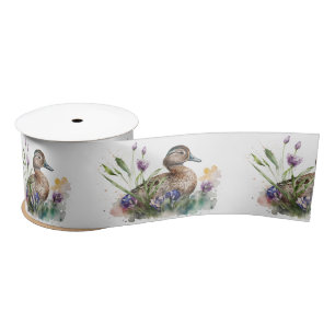 Watercolor Duck In Flowers Satin Ribbon
