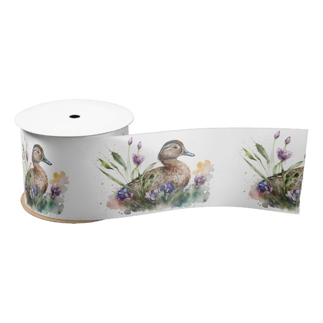 Watercolor Duck In Flowers Satin Ribbon (Spool)