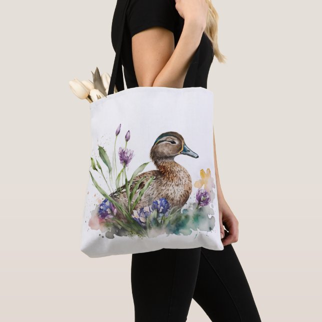 Watercolor Duck In Flowers Tote Bag (Close Up)