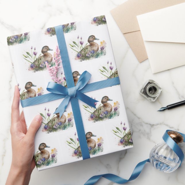 Watercolor Duck In Flowers Wrapping Paper (Gifting)