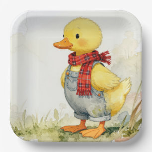Watercolor Duck In Overalls and Scarf Paper Plate