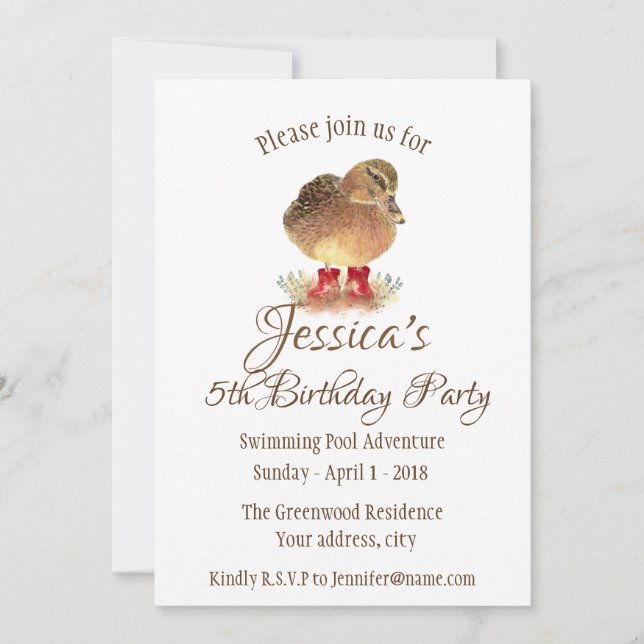 Watercolor Duck in Red Rubber Boots Birthday Invitation (Front)