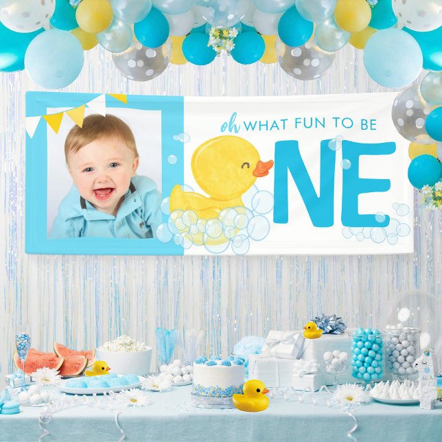 Watercolor Duck Oh What Fun Photo Party Banner (Watercolor Rubber Duck Oh What Fun Photo Party Banner for Ducky 1st Birthday Party Decorations)