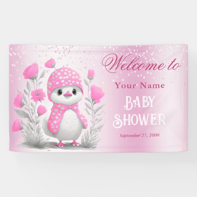 Watercolor Duck Pink Floral Baby Shower Welcome Banner (Horizontal)