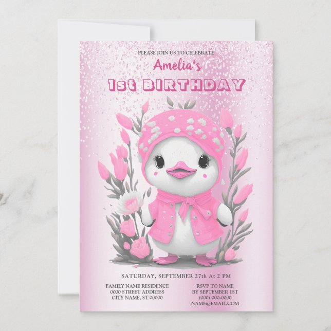 Watercolor Duck Pink Flower 1st Birthday Invitation (Front)