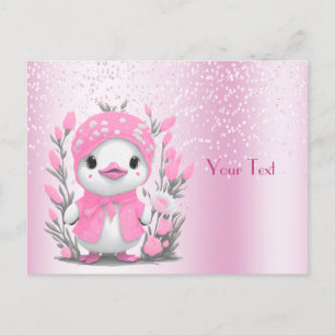 Watercolor Duck Pink Flowers Postcard