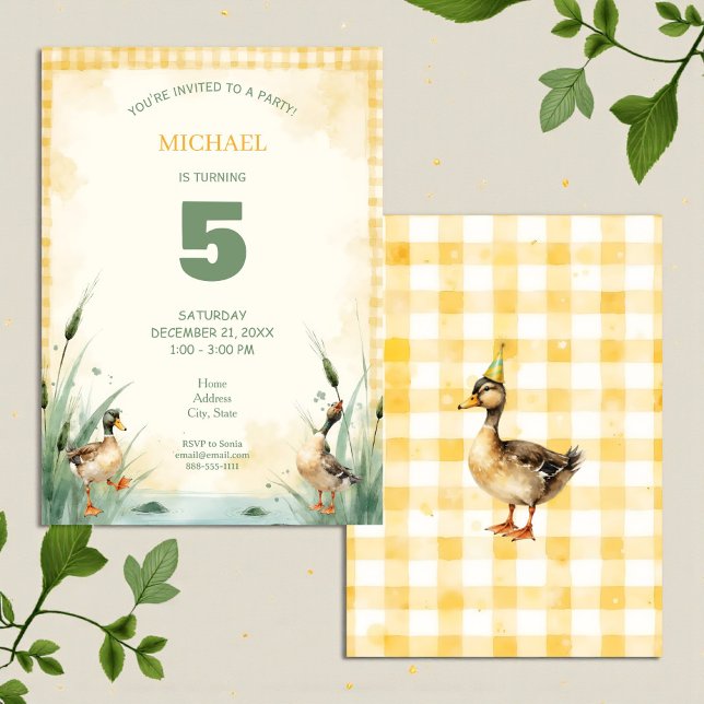 Watercolor Duck Teal, Yellow Birthday Party Invitation (Creator Uploaded)