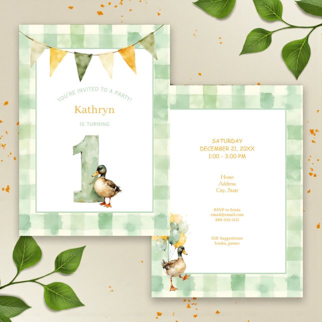 Watercolor Duck Teal, Yellow First Birthday Party Invitation (Creator Uploaded)