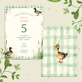 Watercolor Duck Teal, Yellow First Birthday Party Invitation