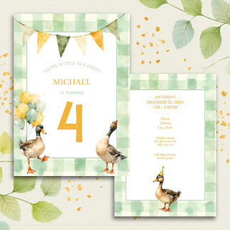 Watercolor Duck Teal, Yellow First Birthday Party Invitation