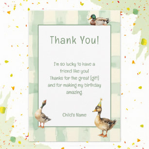 Watercolor Duck with Teal & Yellow Birthday Party  Thank You Card