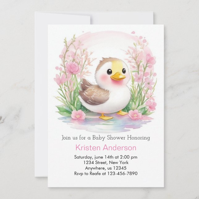 Watercolor Duckling Cute Pink Girl Baby Shower Invitation (Front)