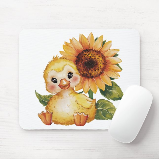 Watercolor Duckling With Sunflower Mouse Mat (With Mouse)