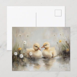Watercolor Ducklings Dandelion Flowers Postcard