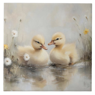 Watercolor Ducklings Dandelion Flowers Tile