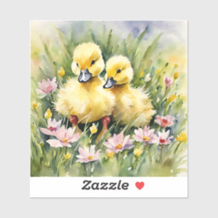 Watercolor Ducklings in Wildflower Meadow