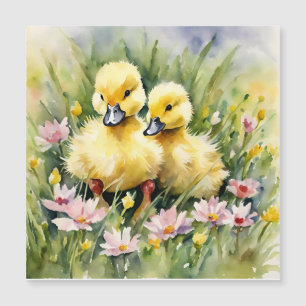 Watercolor Ducklings in Wildflower Meadow