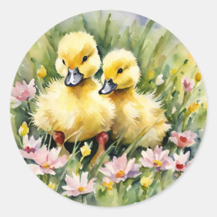 Watercolor Ducklings in Wildflower Meadow Classic Round Sticker