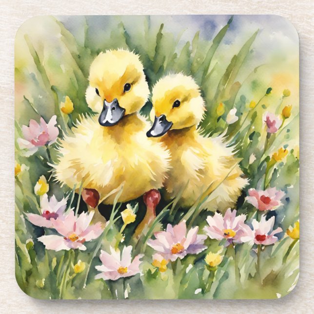 Watercolor Ducklings in Wildflower Meadow Coaster (Front)