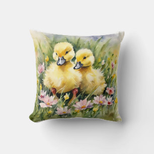 Watercolor Ducklings in Wildflower Meadow Cushion