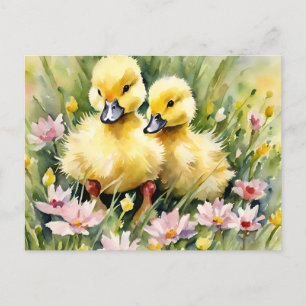 Watercolor Ducklings in Wildflower Meadow Holiday Postcard