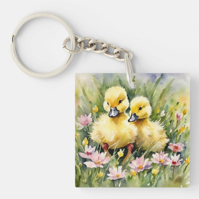 Watercolor Ducklings in Wildflower Meadow Key Ring (Front)
