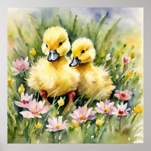 Watercolor Ducklings in Wildflower Meadow Poster