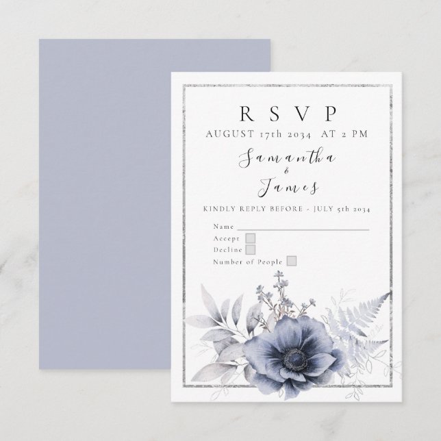 Watercolor Dusty Blue Bohemian Floral RSVP Card (Front/Back)