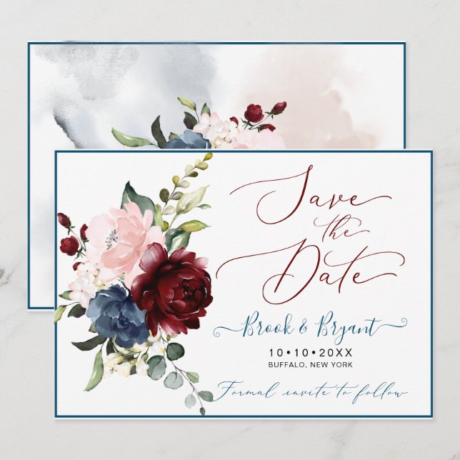 Watercolor Dusty Blue Burgundy Blush Roses Invitation (Front/Back)