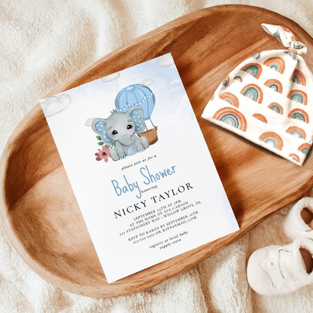 Watercolor Dusty Blue Elephant Baby Shower Invitation (Creator Uploaded)