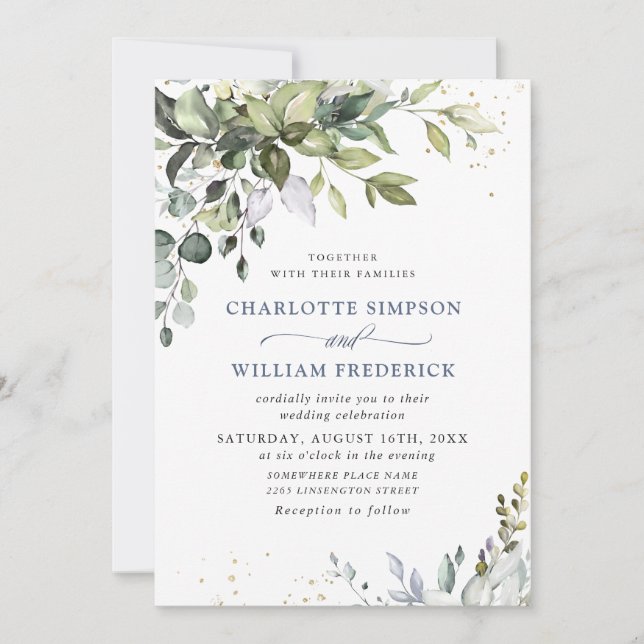 Watercolor Dusty Blue Eucalyptus Greenery Wedding Invitation (Front)