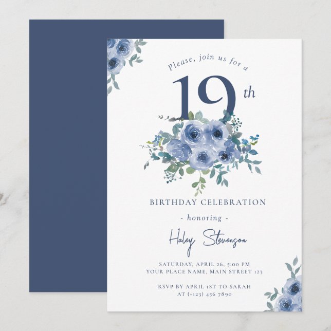 Watercolor Dusty Blue Floral 19th Chic Birthday Invitation (Front/Back)