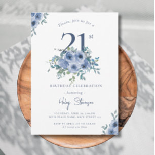 Watercolor Dusty Blue Floral 21st Chic Birthday In Invitation