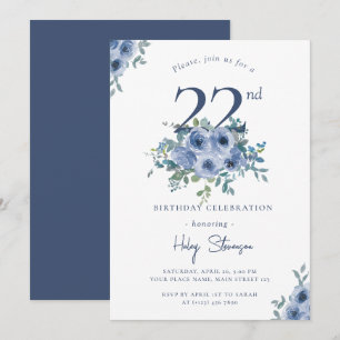 Watercolor Dusty Blue Floral 22nd Chic Birthday Invitation