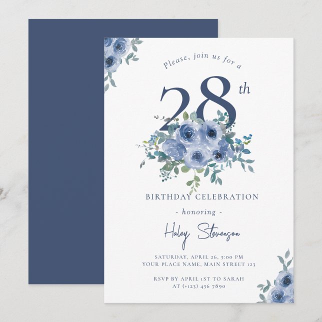 Watercolor Dusty Blue Floral 28th Chic Birthday Invitation (Front/Back)