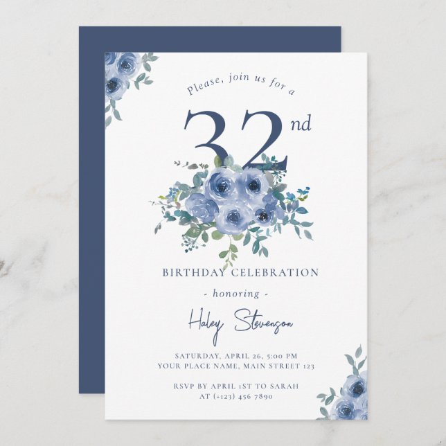 Watercolor Dusty Blue Floral 32nd Chic Birthday Invitation (Front/Back)