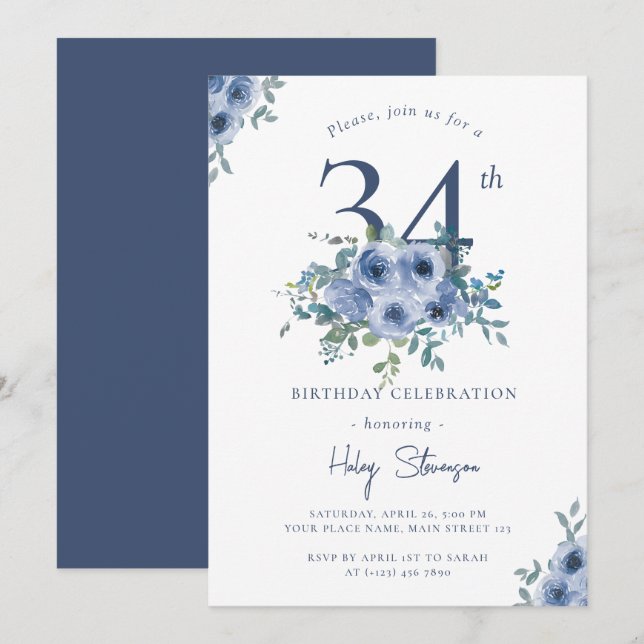 Watercolor Dusty Blue Floral 34th Chic Birthday Invitation (Front/Back)