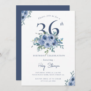 Watercolor Dusty Blue Floral 36th Chic Birthday Invitation