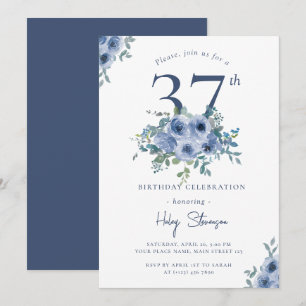Watercolor Dusty Blue Floral 37th Chic Birthday Invitation