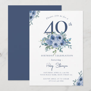 Watercolor Dusty Blue Floral 40th Chic Birthday Invitation