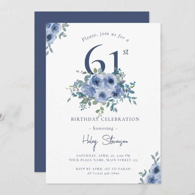 Watercolor Dusty Blue Floral 61st Chic Birthday Invitation (Front/Back)