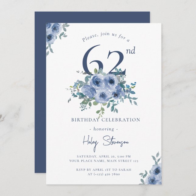Watercolor Dusty Blue Floral 62nd Chic Birthday Invitation (Front/Back)
