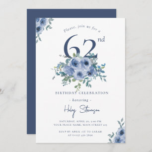 Watercolor Dusty Blue Floral 62nd Chic Birthday Invitation