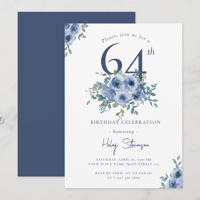 Watercolor Dusty Blue Floral 64th Chic Birthday Invitation (Front/Back)
