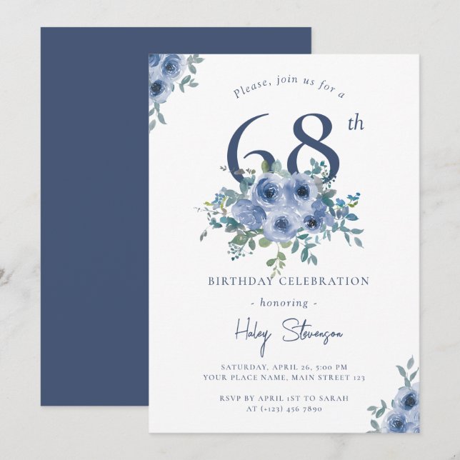Watercolor Dusty Blue Floral 68th Chic Birthday Invitation (Front/Back)