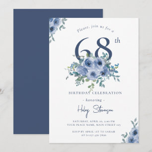 Watercolor Dusty Blue Floral 68th Chic Birthday Invitation