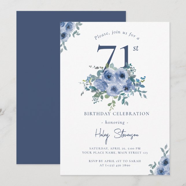 Watercolor Dusty Blue Floral 71st Chic Birthday Invitation (Front/Back)