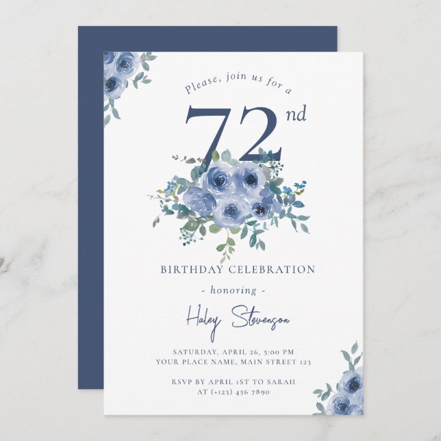 Watercolor Dusty Blue Floral 72nd Chic Birthday Invitation (Front/Back)