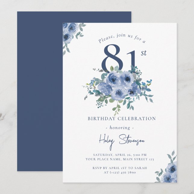 Watercolor Dusty Blue Floral 81st Chic Birthday Invitation (Front/Back)